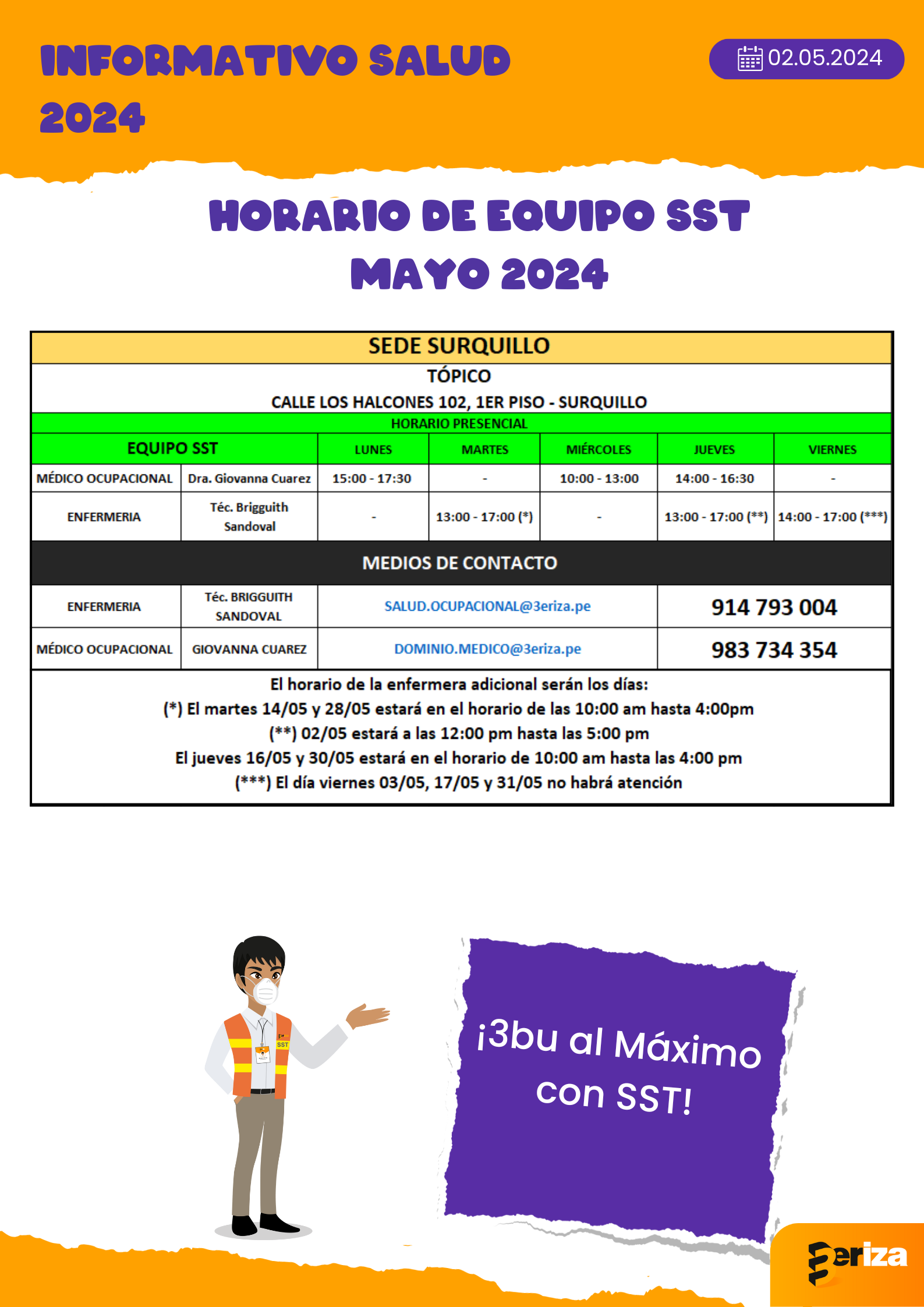 INFORMATIVO SST: Horario SST - Mes Mayo 2024